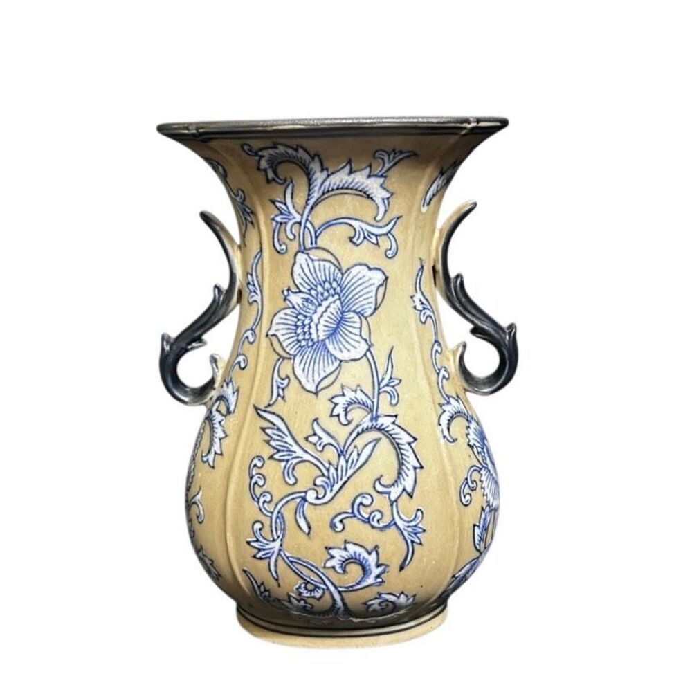 Vintage Formalities By Bauym Bros. Stoneware Vase Medium Blue Tan Floral Ceramic